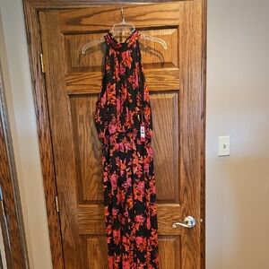 Vince Camuto Black and Red Ruffled Tiered Halter Dress